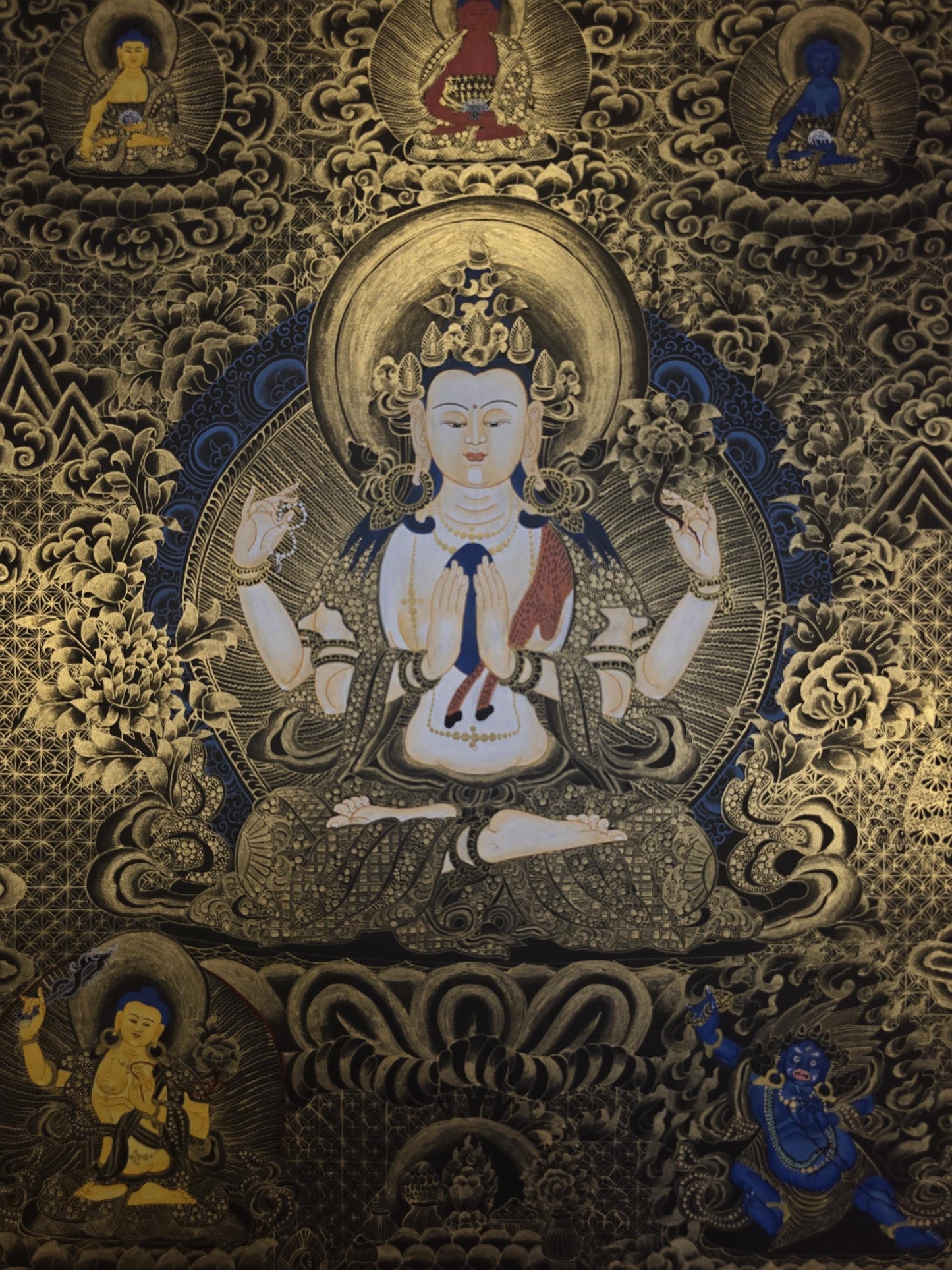 Original Hand-Painted Chenrezig Thangka | Avalokiteshvara Bodhisattva of Compassion | Tibetan Meditation Wall Art from Nepal