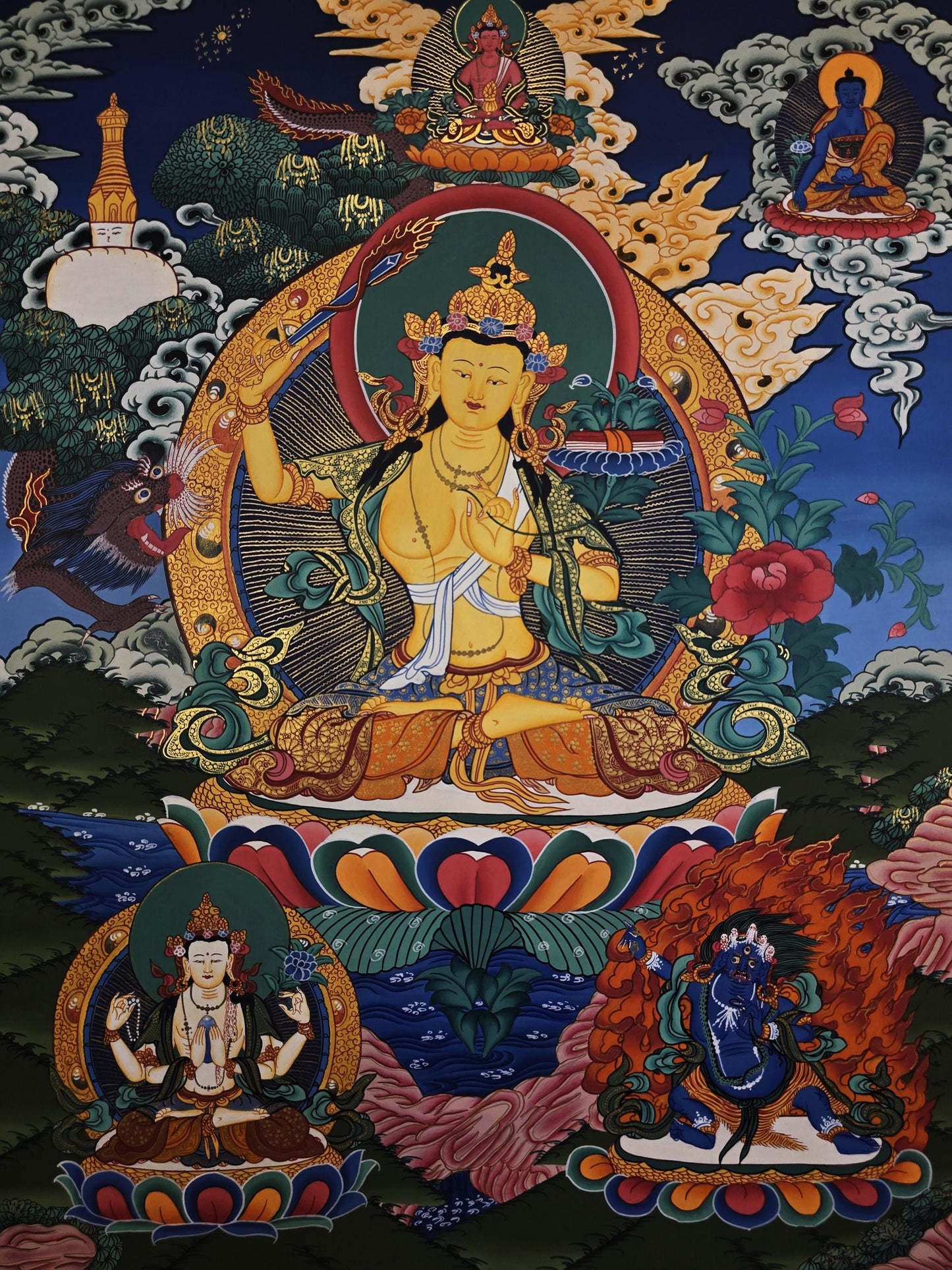Hand-Painted Manjushri Thangka | Tibetan Buddhist Wisdom Art