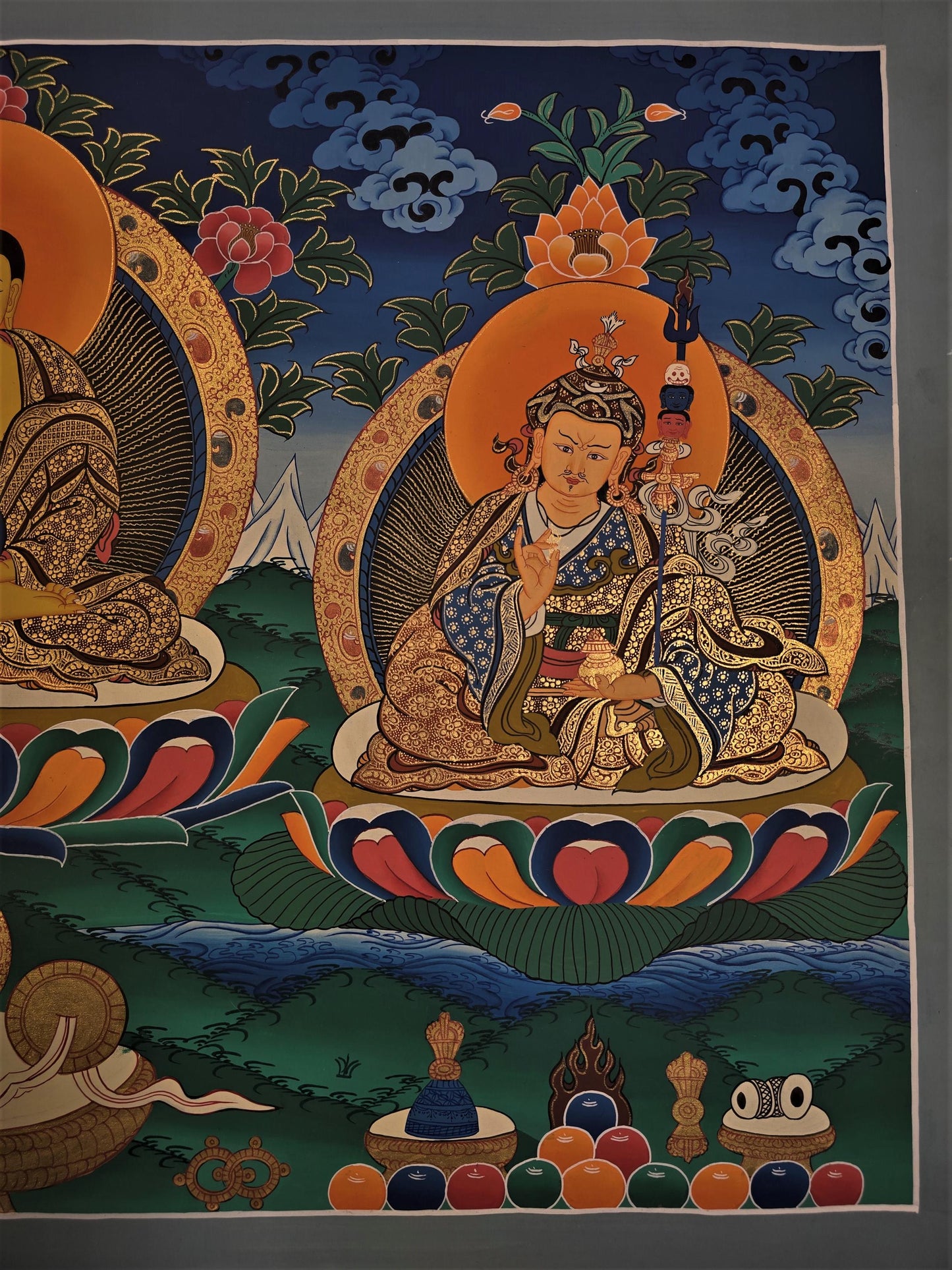 Hand-Painted Triple Deity Thangka, Tibetan Buddhist Art