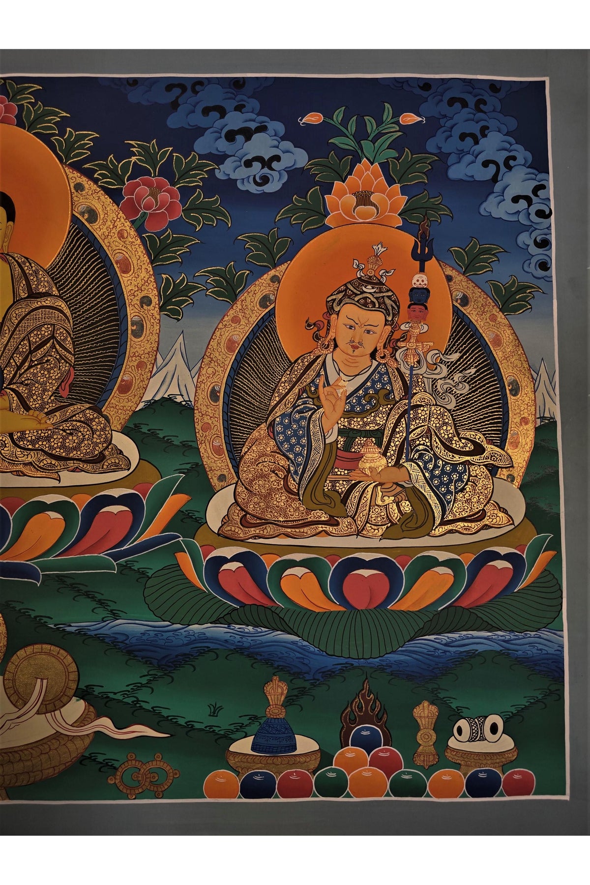 Hand-Painted Triple Deity Thangka, Tibetan Buddhist Art