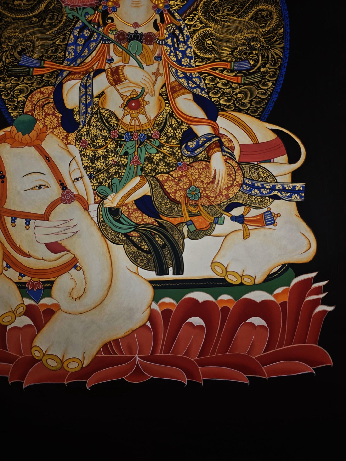 Hand-Painted Samantabhadra Thangka | Bodhisattva on White Elephant