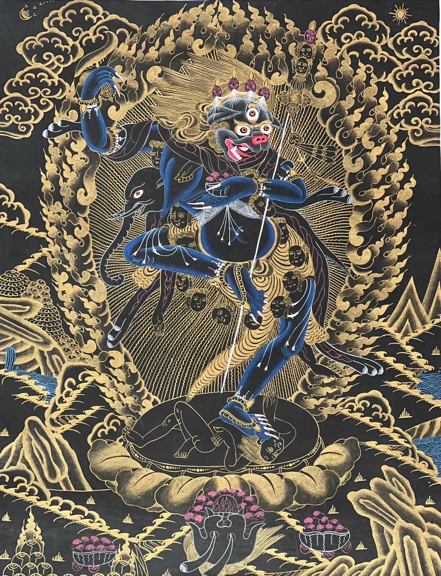 Hand-Painted Simhamukhi Thangka – Lion-Faced Dakini, Silk Brocade Buddhist Art