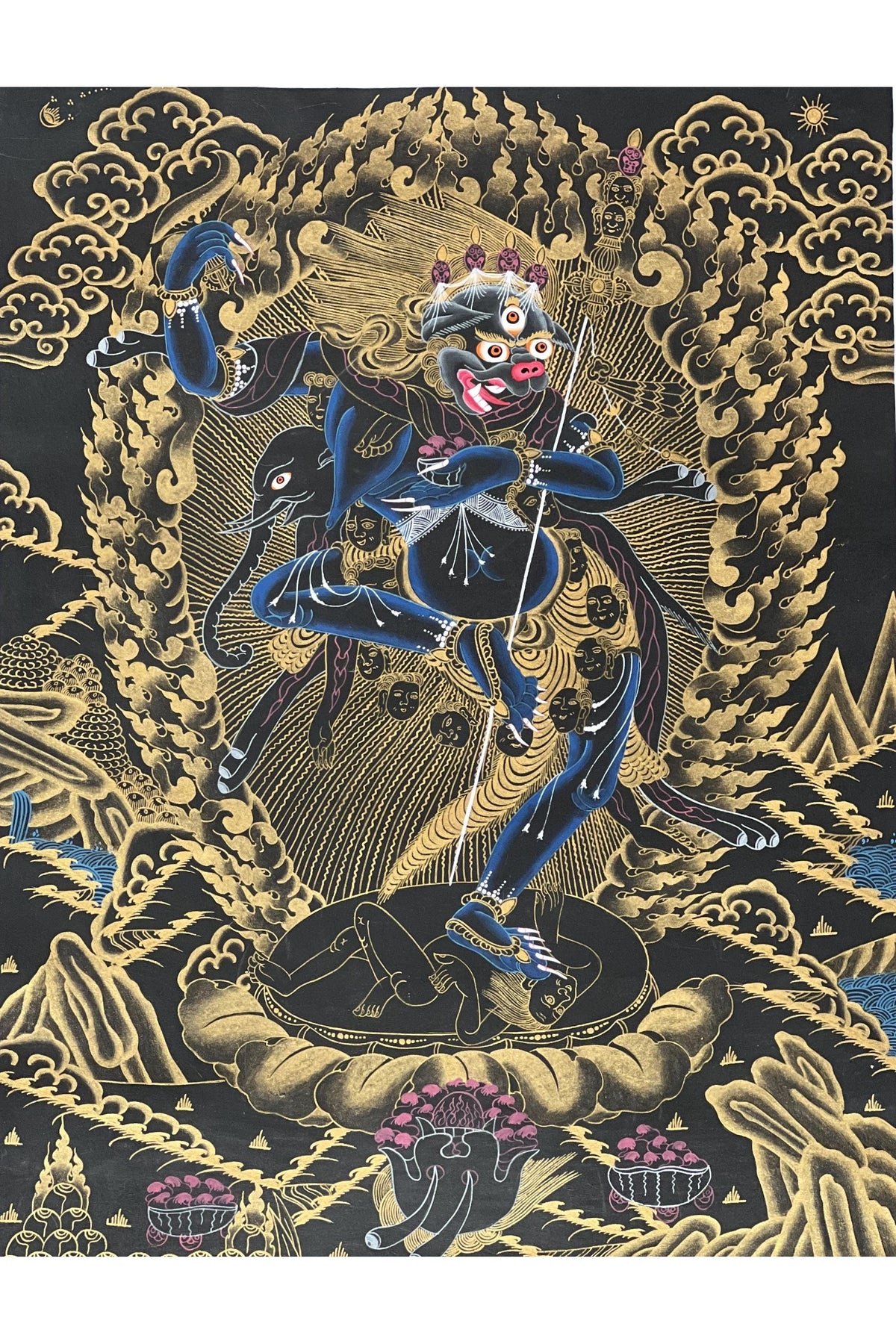 Hand-Painted Simhamukhi Thangka – Lion-Faced Dakini, Silk Brocade Buddhist Art