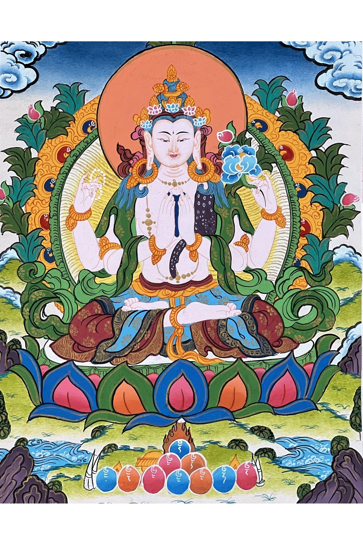 Hand-Painted Chenrezig Thangka – Four-Armed Tibetan Buddhist Art with Silk Brocade