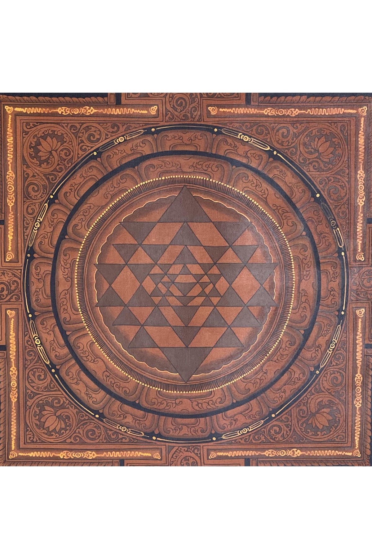 Hand-Painted Sri Yantra Mandala Thangka Art - Silk Brocade Frame