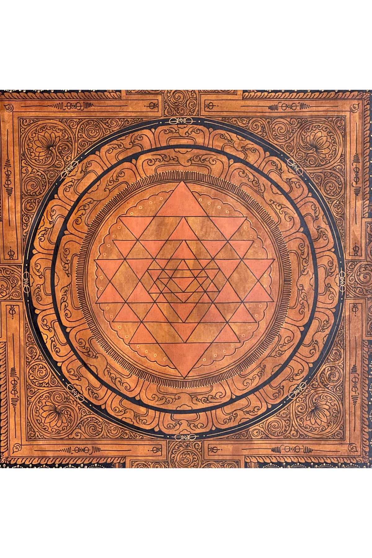 Hand-Painted Sri Yantra Thangka | Silk Brocade Frame, Spiritual Decor
