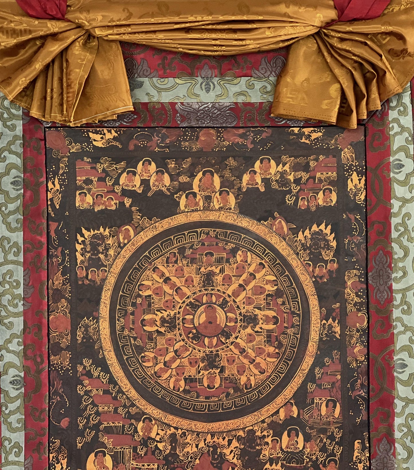 Original Hand-Painted Buddha Life Mandala Thangka – Oil Varnished Tibetan Buddhist Art with Silk Brocade