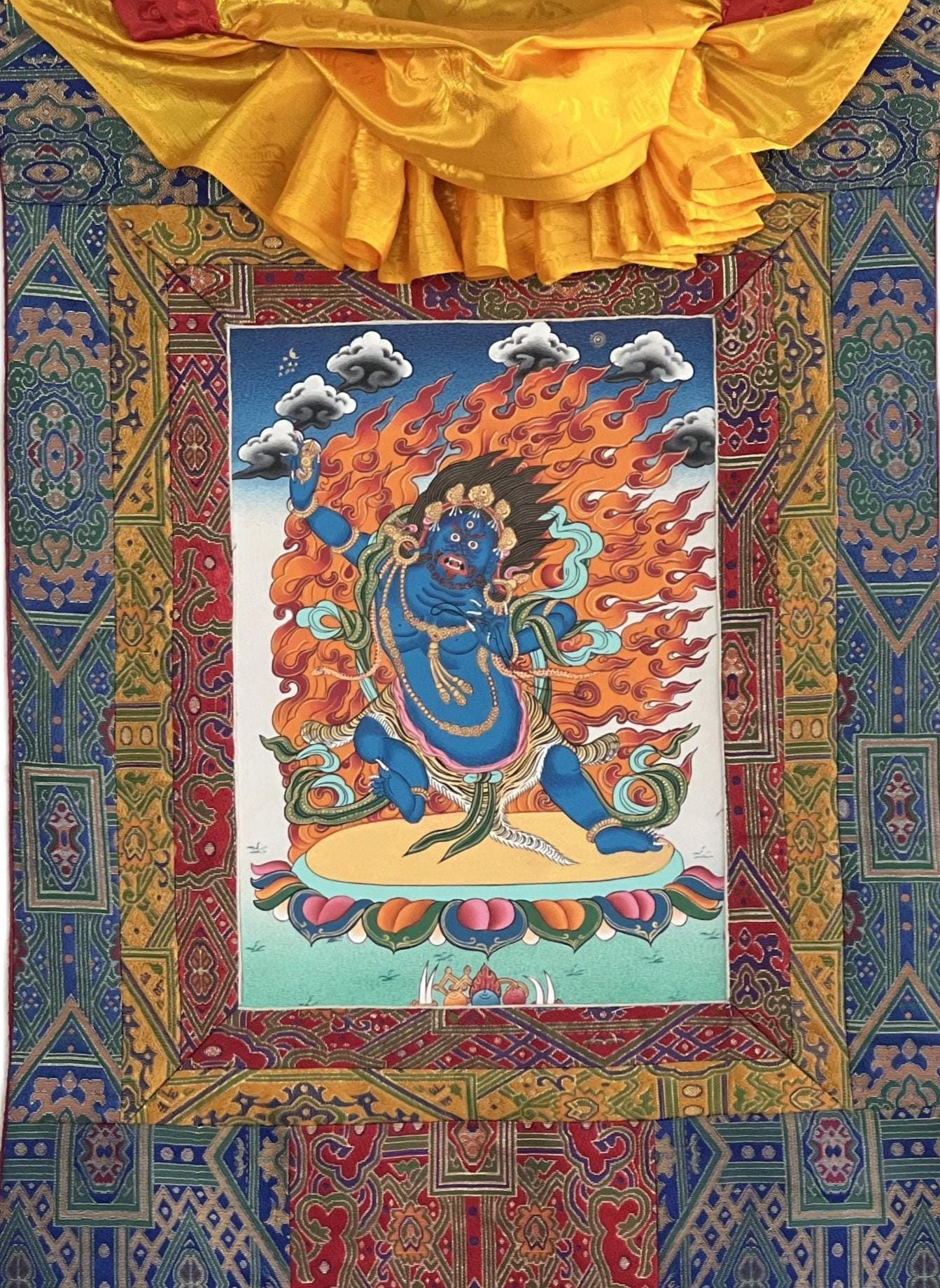 Hand-Painted Vajrapani Thangka | Silk Brocade Framed Tibetan Buddhist Art