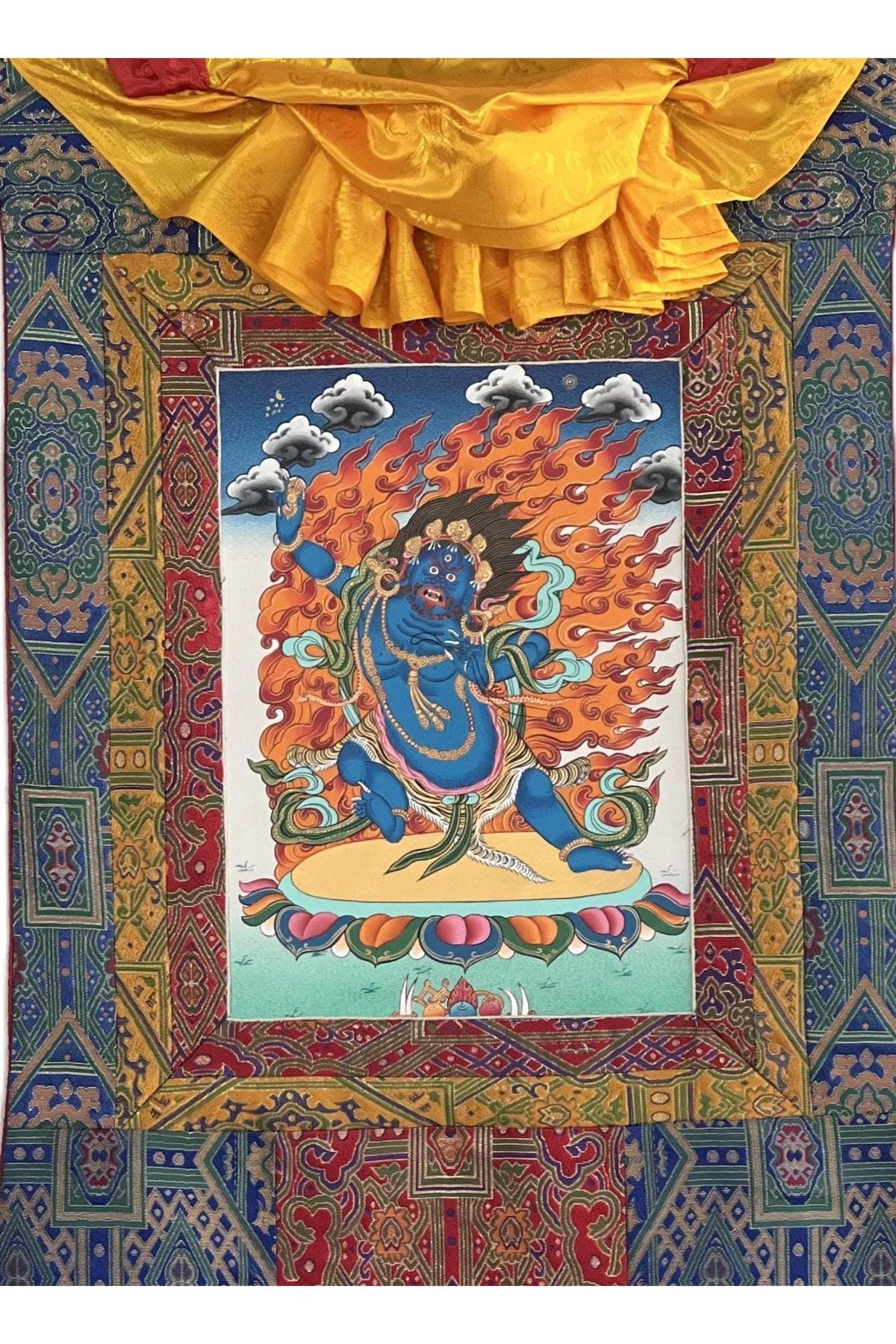 Hand-Painted Vajrapani Thangka | Silk Brocade Framed Tibetan Buddhist Art