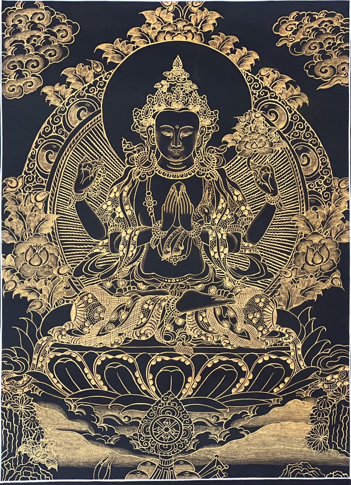 Original Hand-Painted Chenrezig (Avalokiteshvara) Black and Gold Tibetan Thangka Painting