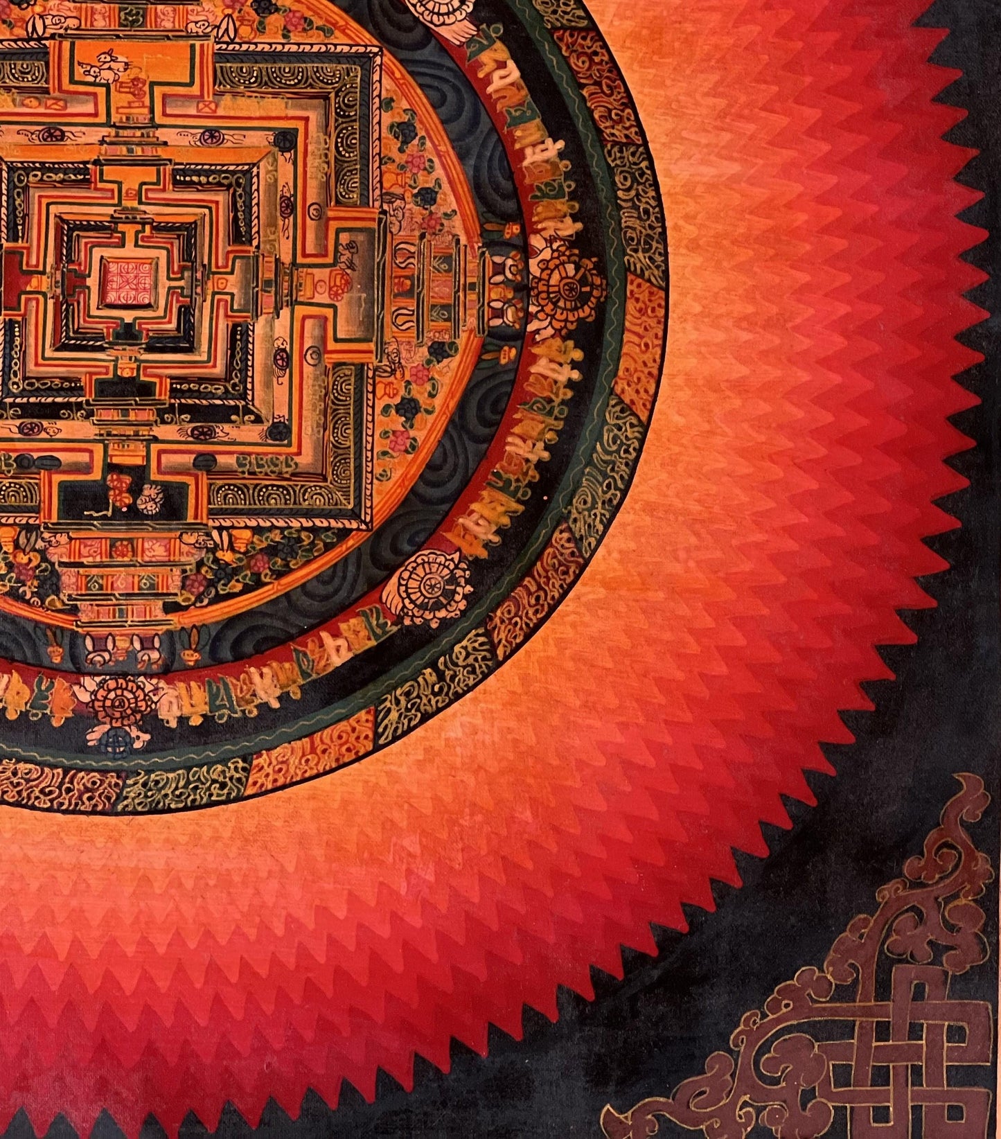 Original Tibetan Mandala Thangka | Hand-Painted Buddhist Sacred Geometry | Red & Gold Kalachakra Mandala Art | Oil-Varnished