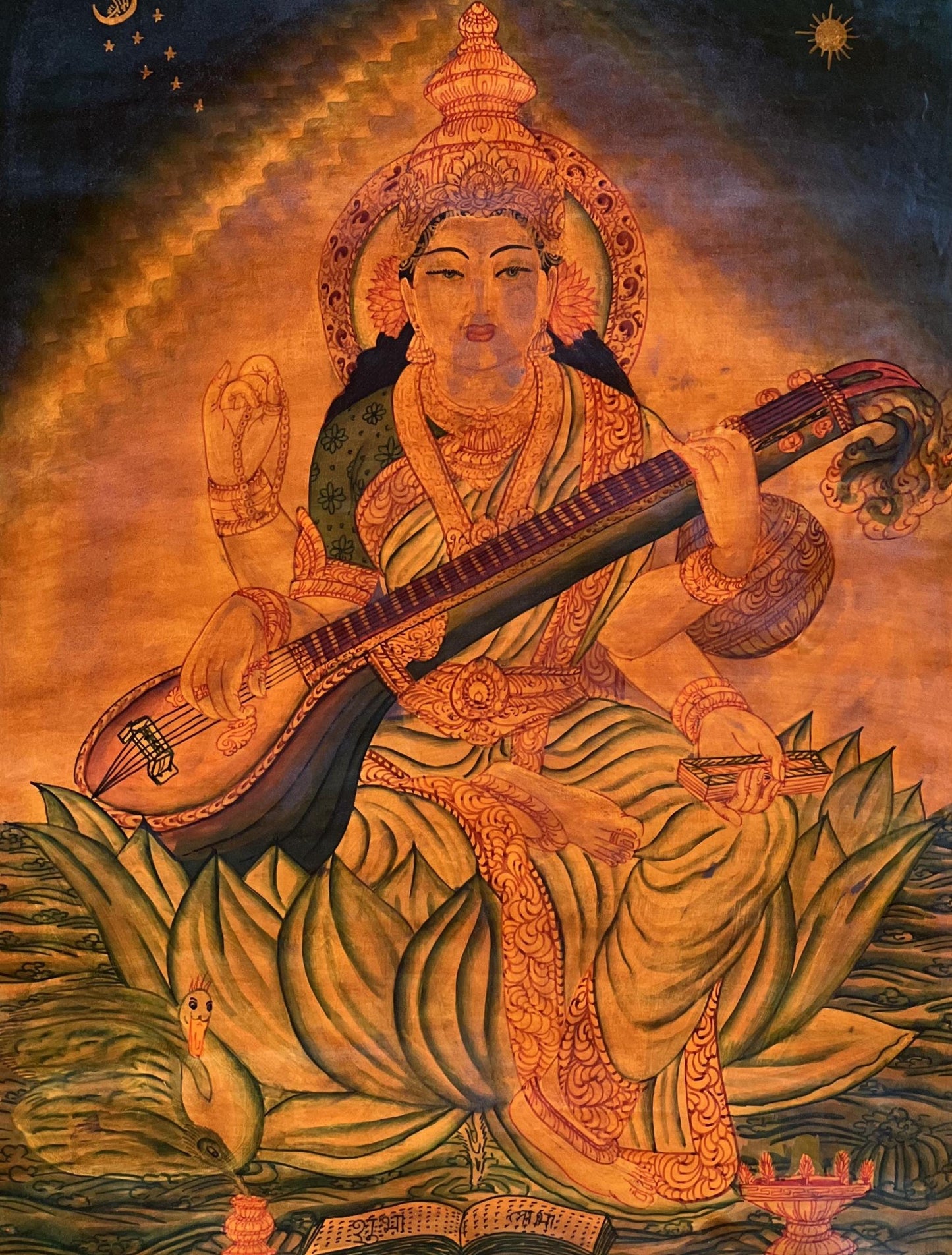 Vintage Saraswati Thangka – Hand-Painted Buddhist Art with Silk Brocade