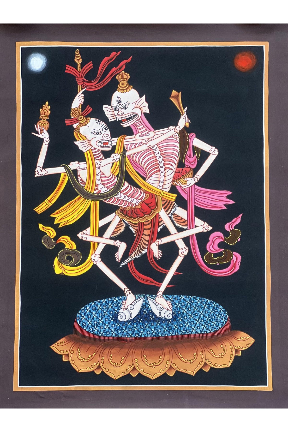 Citipati Thangka Painting, Hand Painted Tibetan Art, Silk Brocade Buddhist Wall Hanging