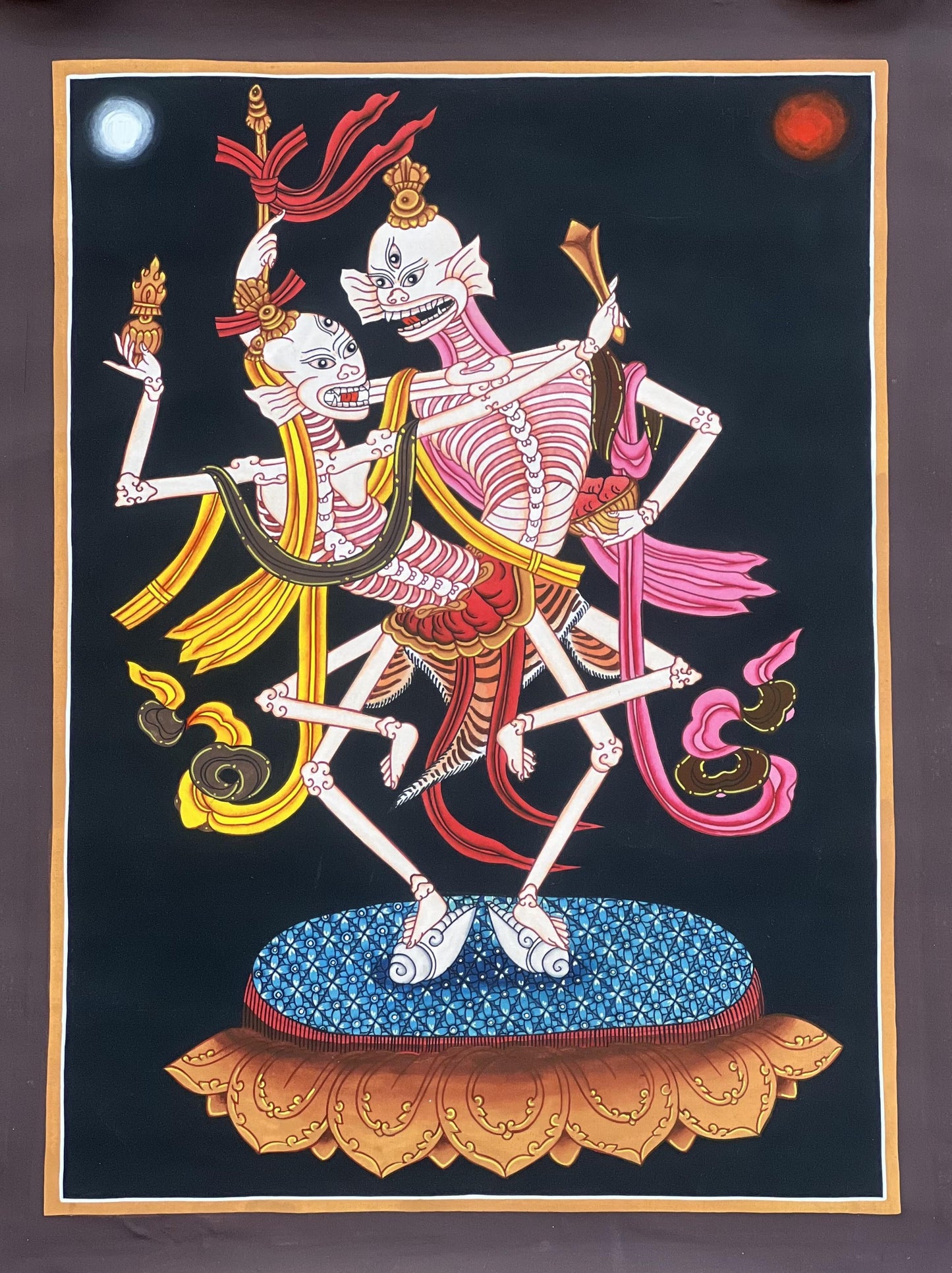 Citipati Thangka Painting, Hand Painted Tibetan Art, Silk Brocade Buddhist Wall Hanging
