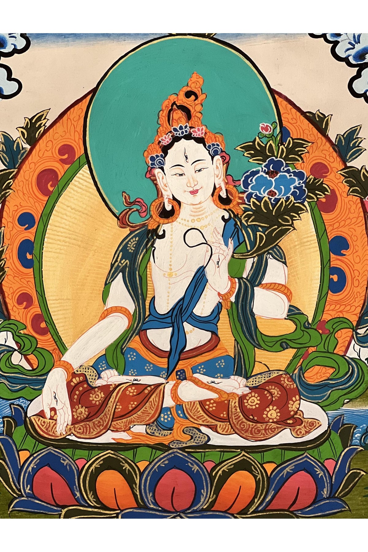 Hand-Painted White Tara Thangka Painting, Silk Brocade Framed, Buddhist Art