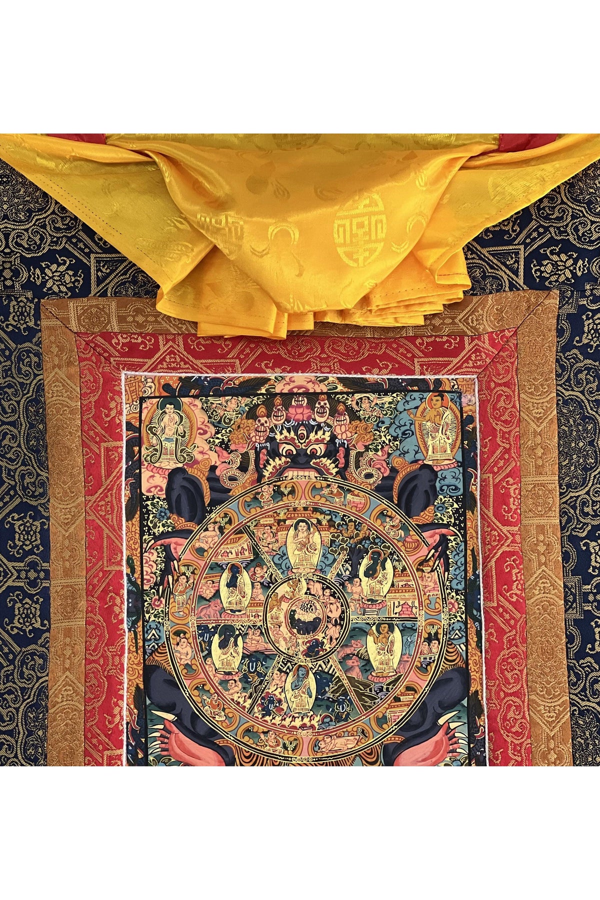 Hand-Painted Wheel of Life Mandala Thangka | Tibetan Buddhist Art with Silk Brocade