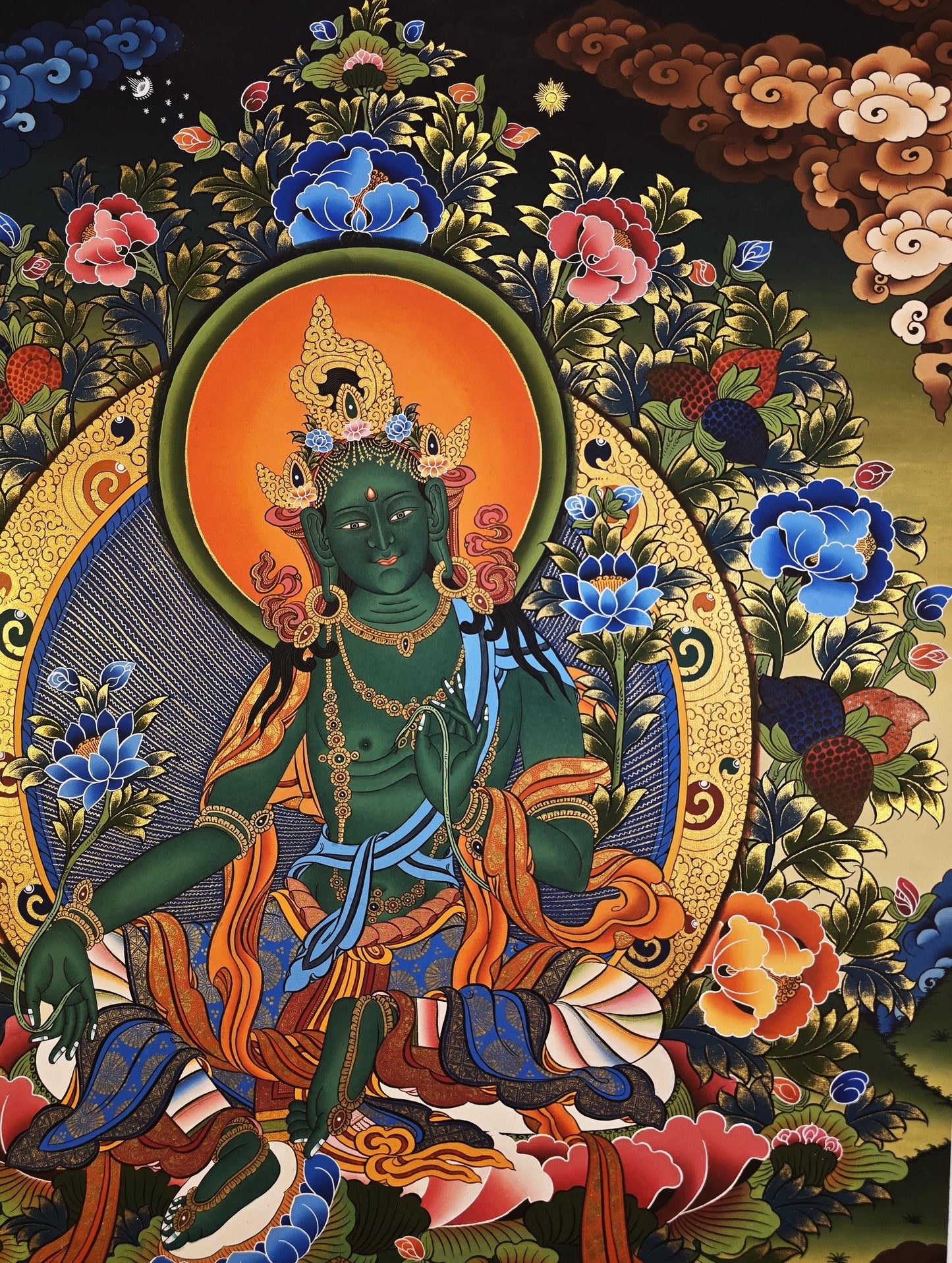 Hand-Painted Green Tara Thangka | Tibetan Healing and Protection Goddess Art