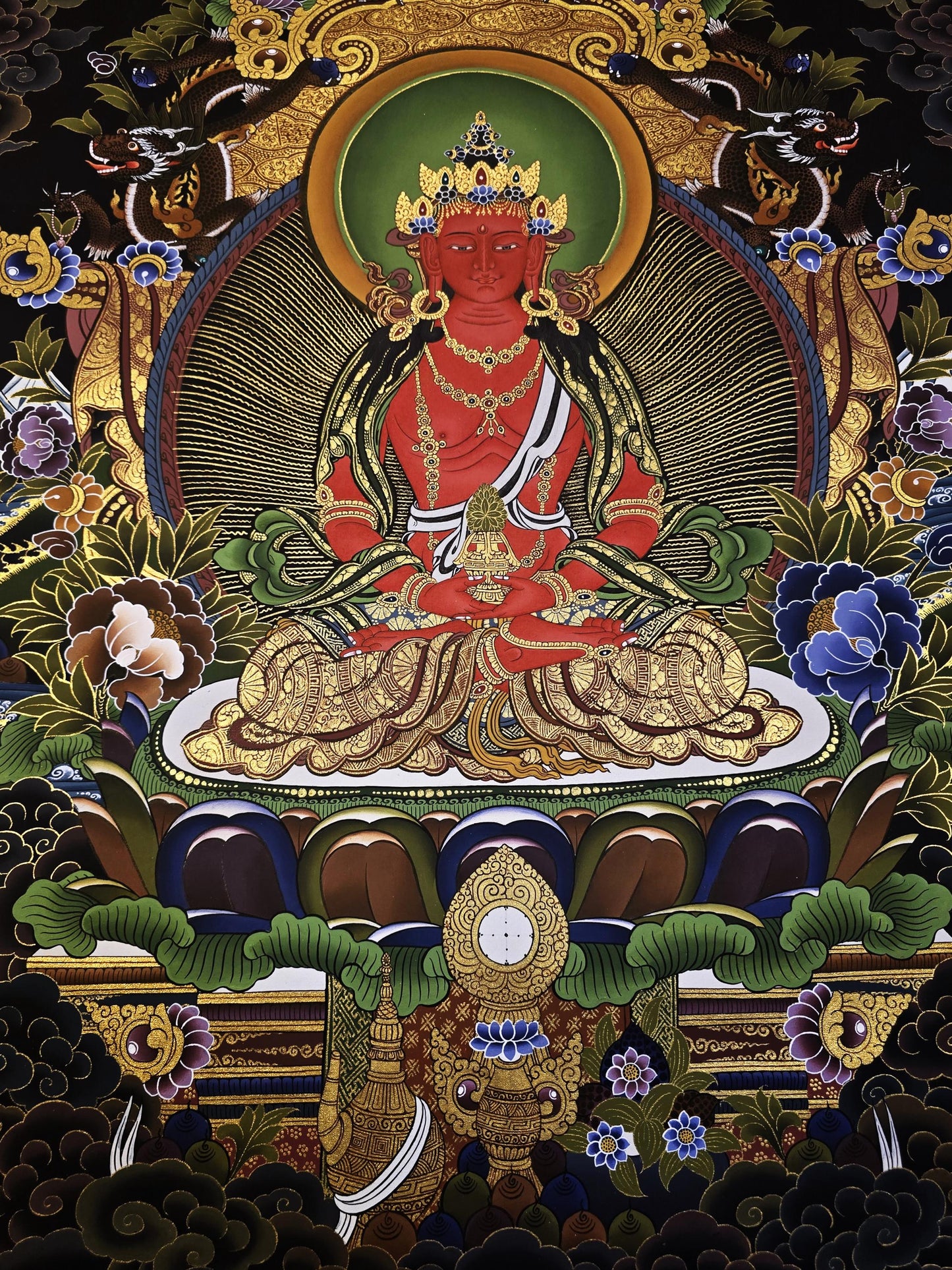 Hand-Painted Amitayus Buddha Thangka | Tibetan Gold Buddhist Art