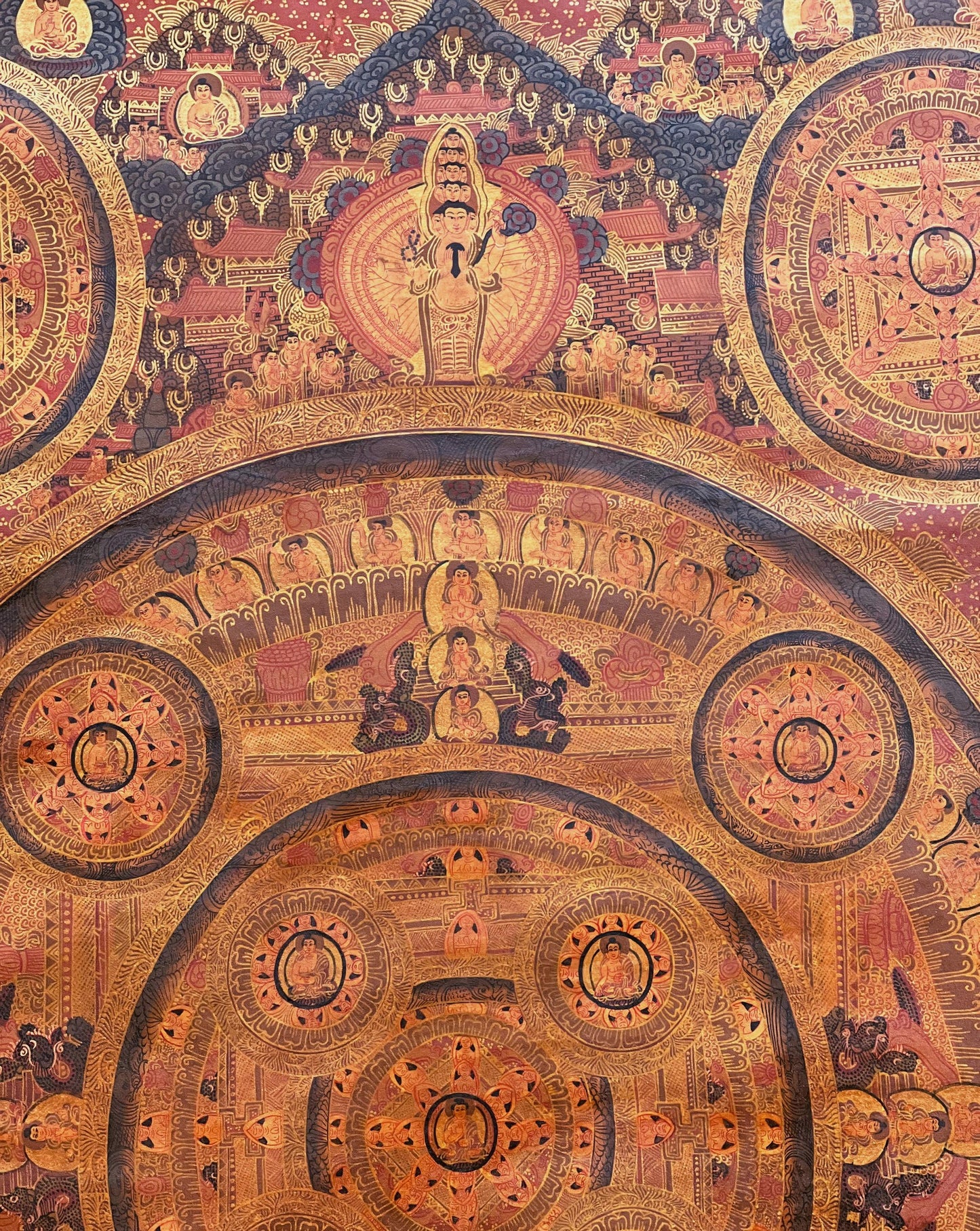 Hand-Painted Large Pancha Buddha Mandala Thangka | Oil Varnished Tibetan Buddhist Art
