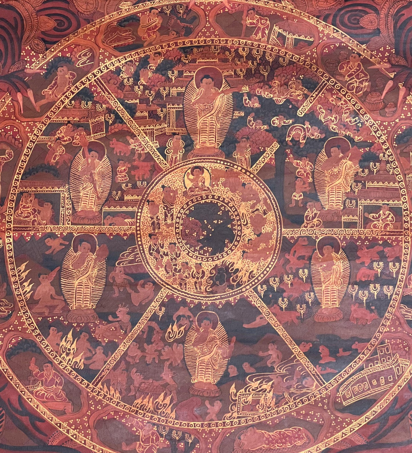 Hand-Painted Bhavacakra Thangka | Tibetan Wheel of Life Mandala Art