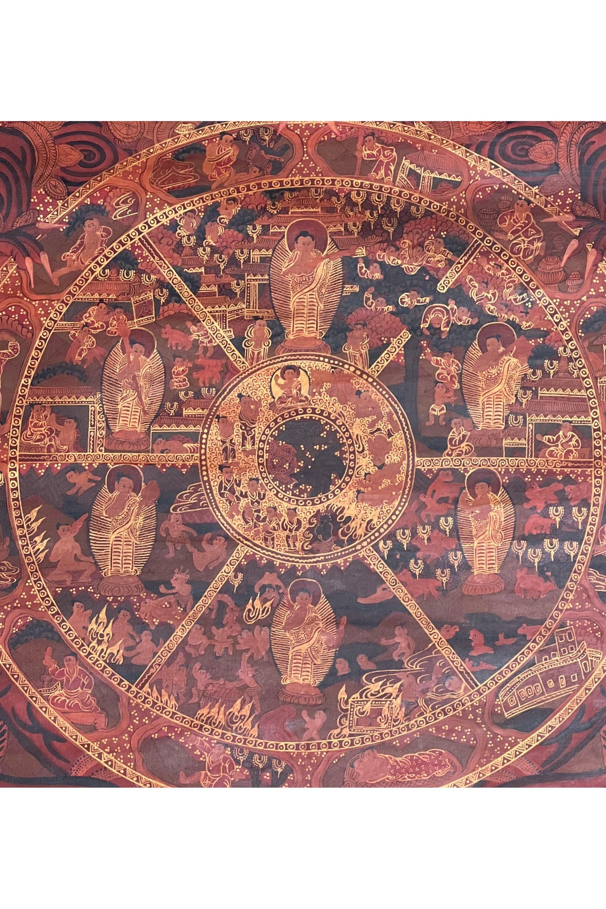 Hand-Painted Bhavacakra Thangka | Tibetan Wheel of Life Mandala Art
