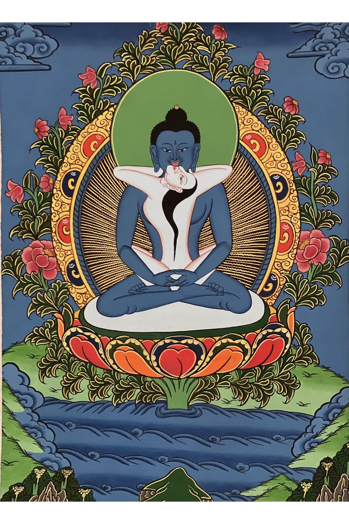 Hand-Painted Buddha Shakti Thangka | Tibetan Yab-Yum Art