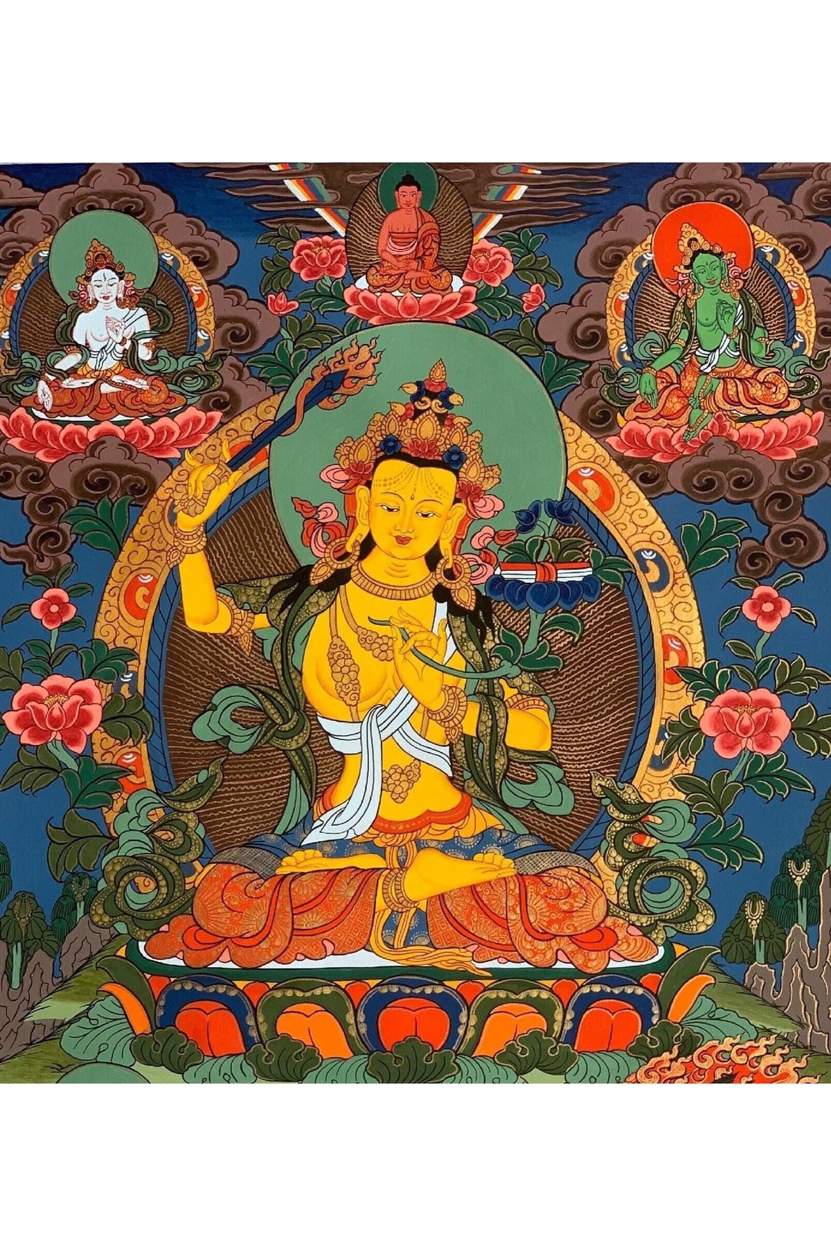 Manjushri Thangka Painting | Tibetan God of Wisdom | Hand-Painted Buddhist Art | Silk Brocade Available