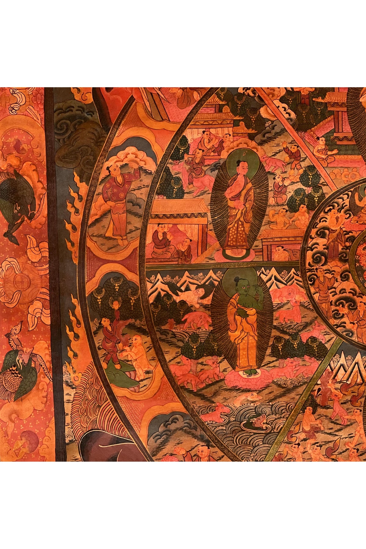 Hand-Painted Wheel of Life Tibetan Thangka | Oil-Varnished Buddhist Mandala Painting