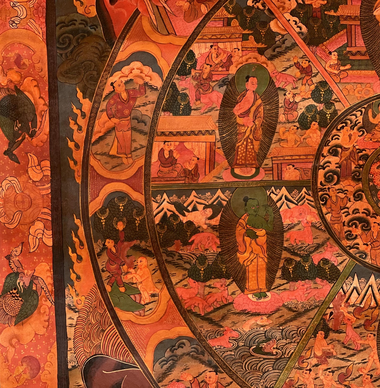 Hand-Painted Wheel of Life Tibetan Thangka | Oil-Varnished Buddhist Mandala Painting
