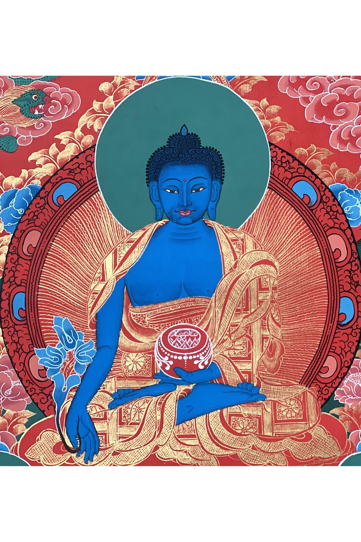 Medicine Buddha Thangka Painting – Handmade Tibetan Healing Art, Silk Brocade Option