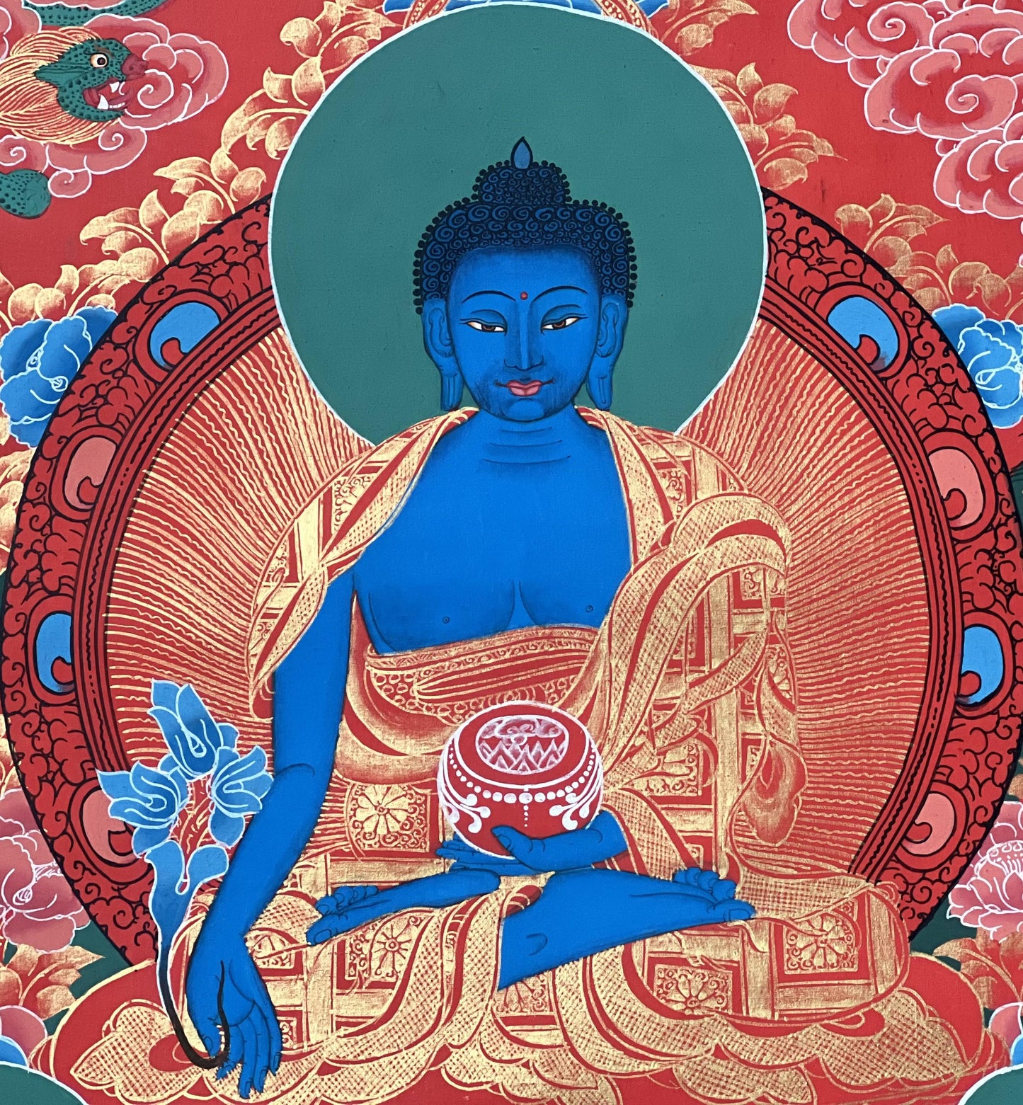 Medicine Buddha Thangka Painting – Handmade Tibetan Healing Art, Silk Brocade Option