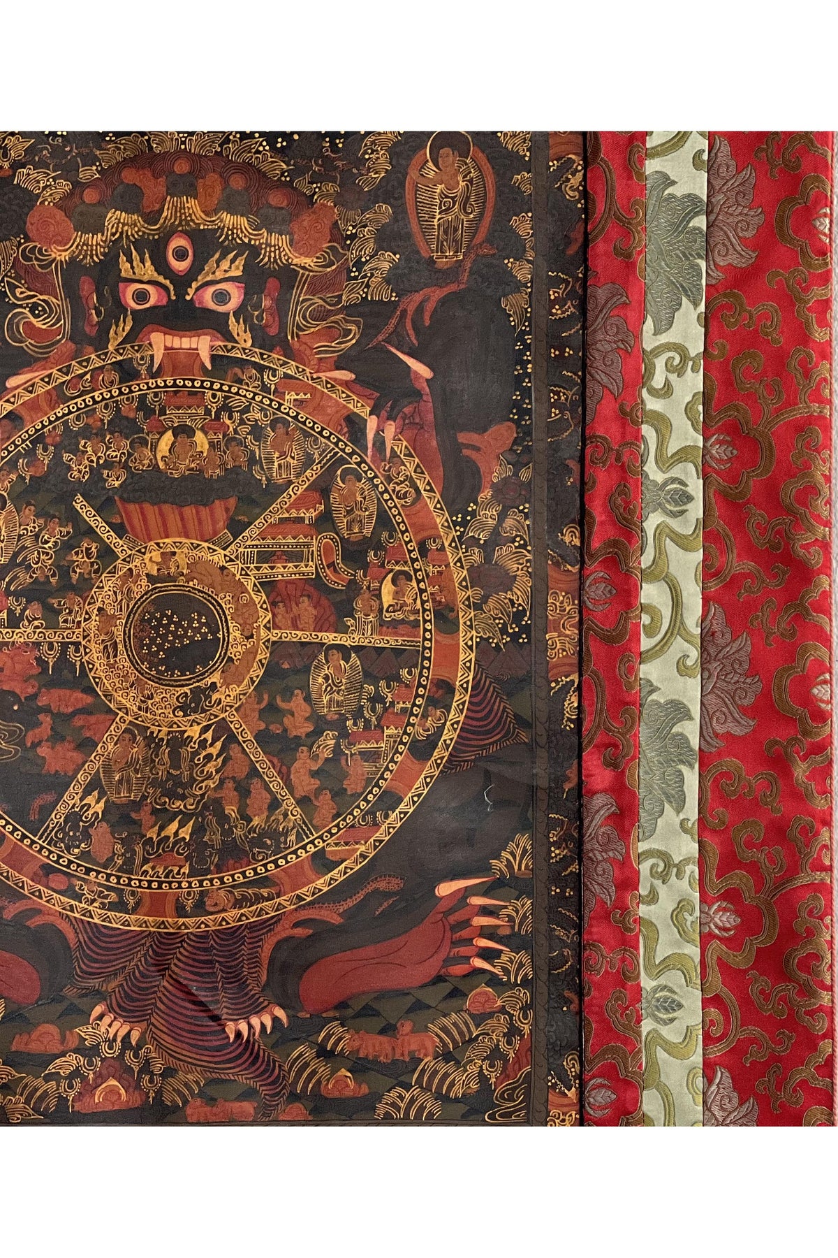 Wheel of Life Samsara Thangka | Semi-Old Bhavacakra Mandala, Silk Brocade Frame