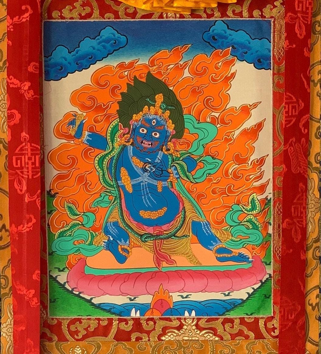 Vajrapani Tibetan Thangka Painting | Wrathful Protector | Hand-Painted Art | Silk Brocade Framed