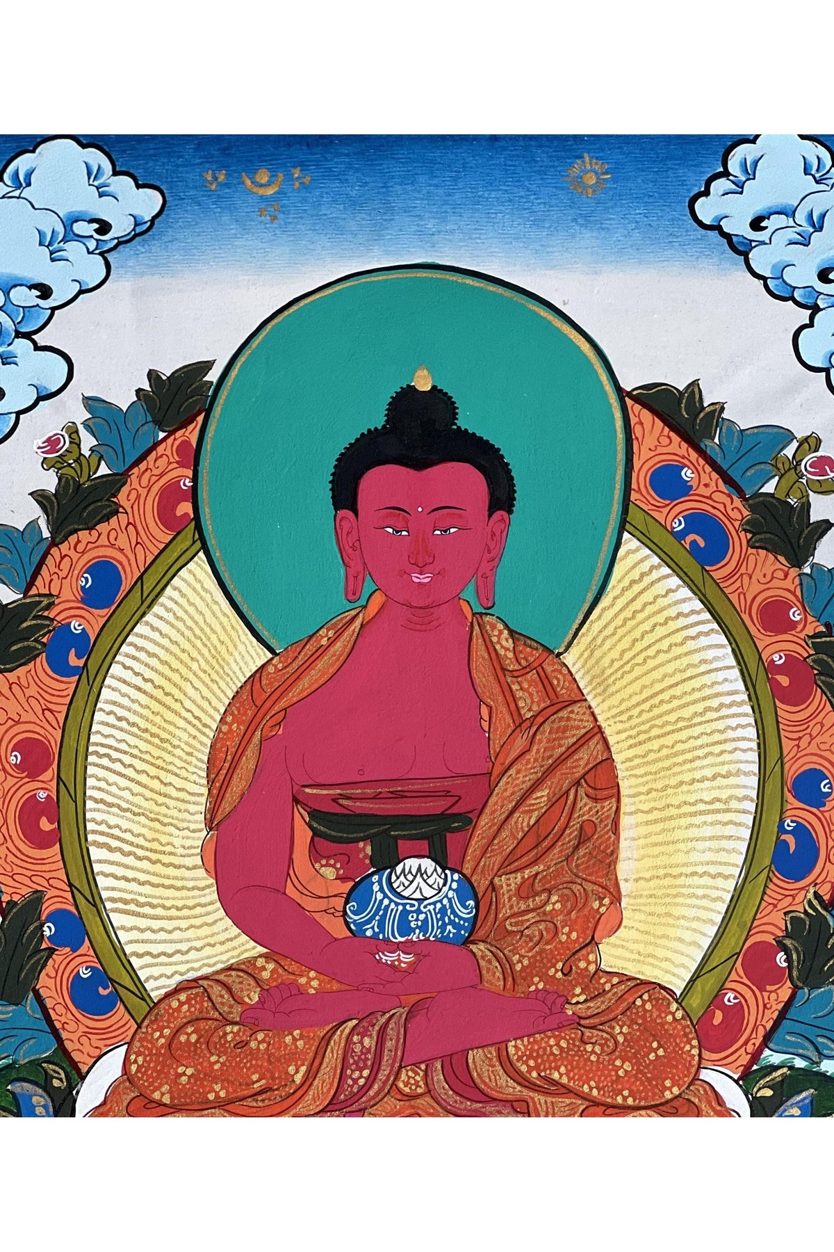 Amitabha Buddha Tibetan Thangka Painting – Original Hand-Painted Masterpiece with Silk Brocade