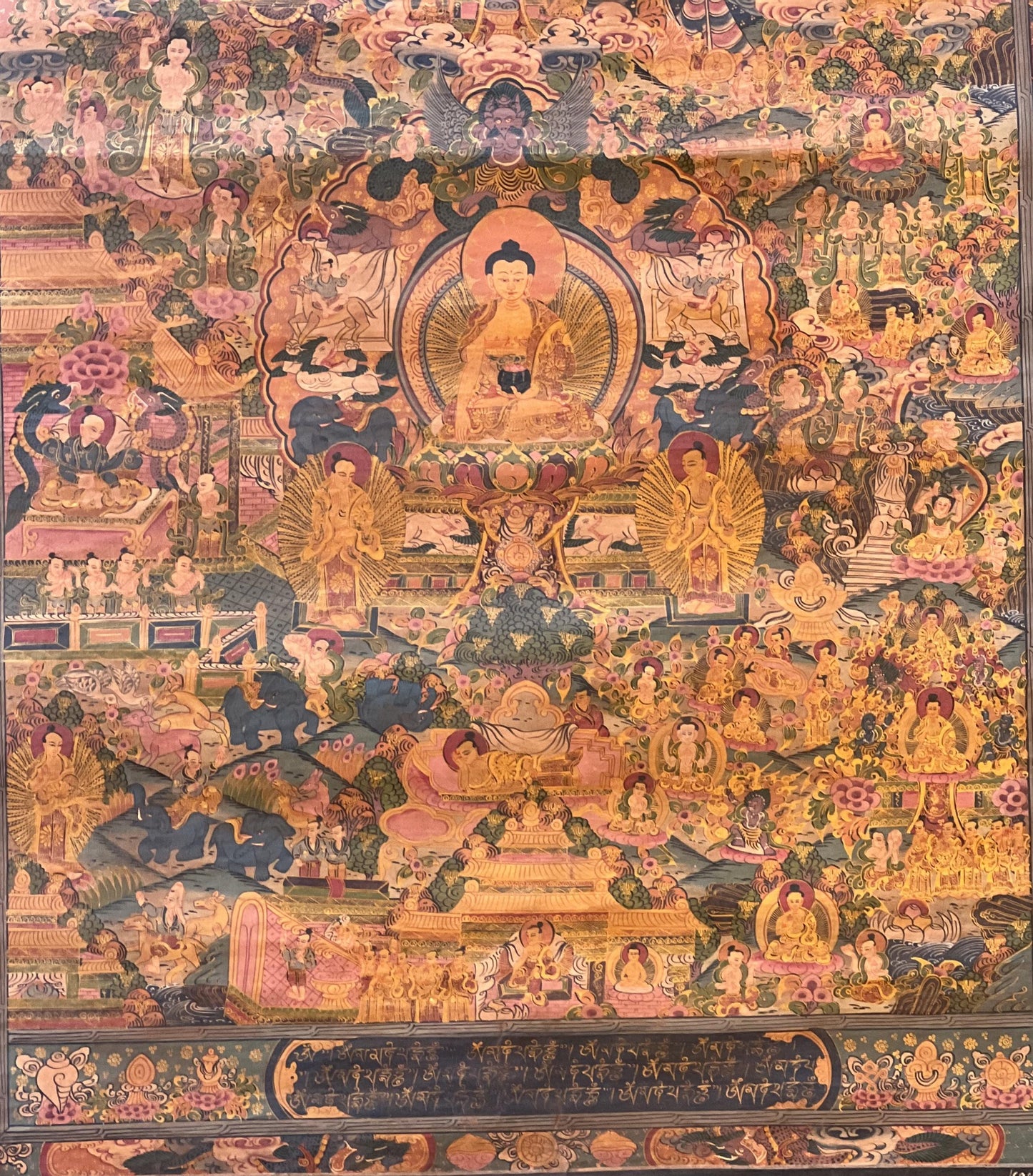 Buddha Life Story Thangka - Hand-Painted Tibetan Art - Vintage Semi-Old Oil Varnished Art