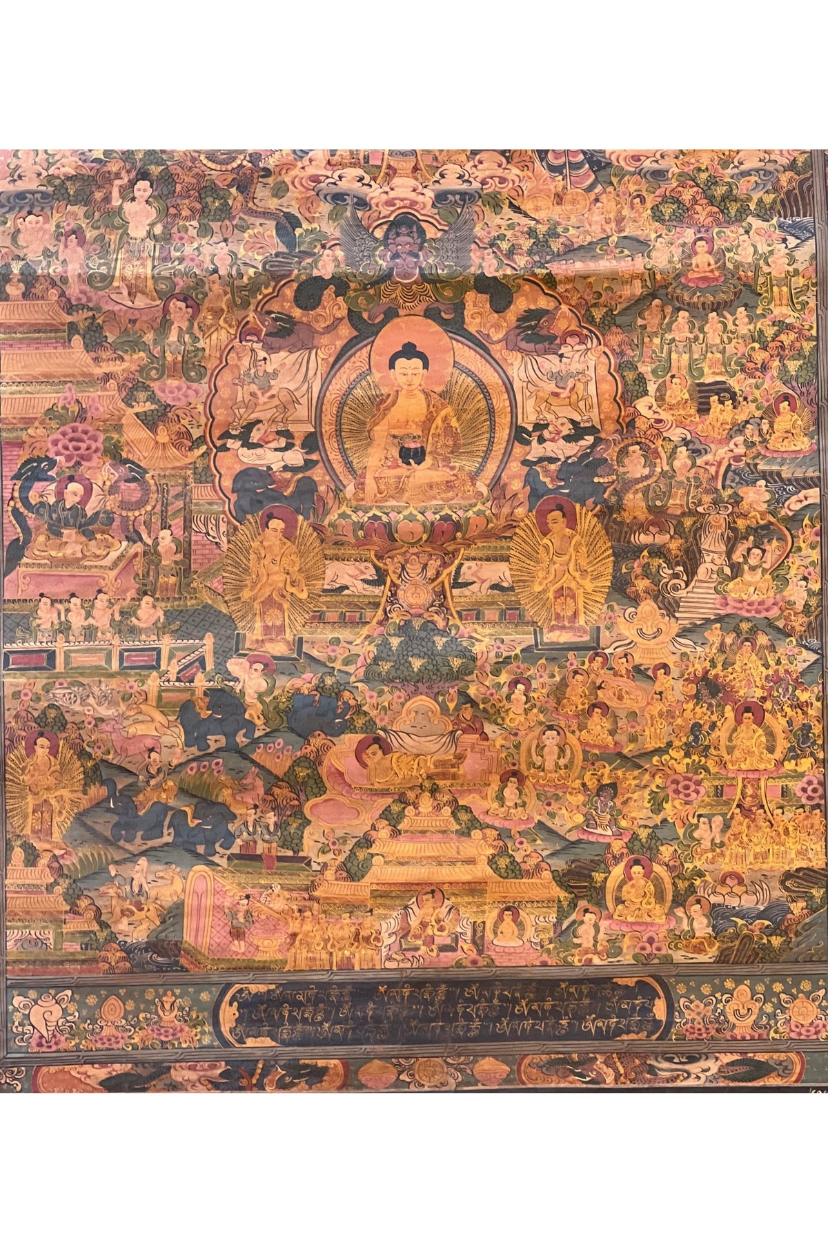 Buddha Life Story Thangka - Hand-Painted Tibetan Art - Vintage Semi-Old Oil Varnished Art