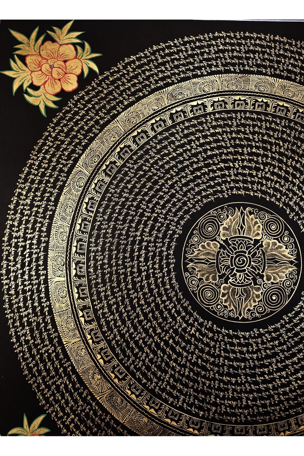 Hand-painted Tibetan Thangka Painting from Nepal Featuring a Double Vajra Om Mantra Mandala