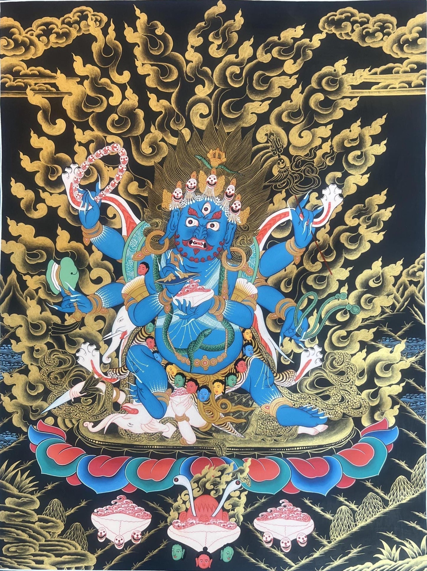 Six Armed Black Mahakala Large Tibetan Thangka Painting – Hand-Painted Buddhist Protector Art