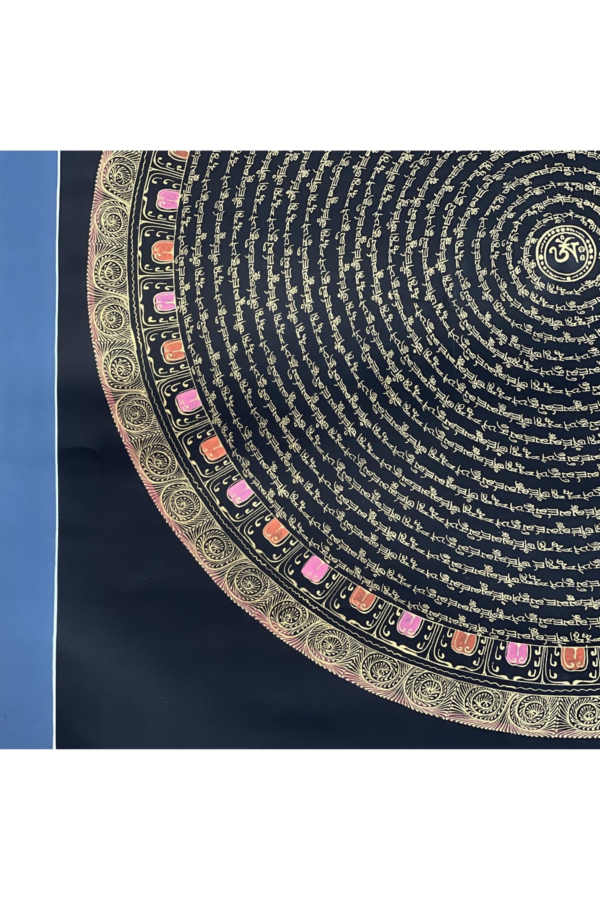 Jambhala Mantra Mandala Central with Om in Center - Black and Gold Tibetan Thangka Painting