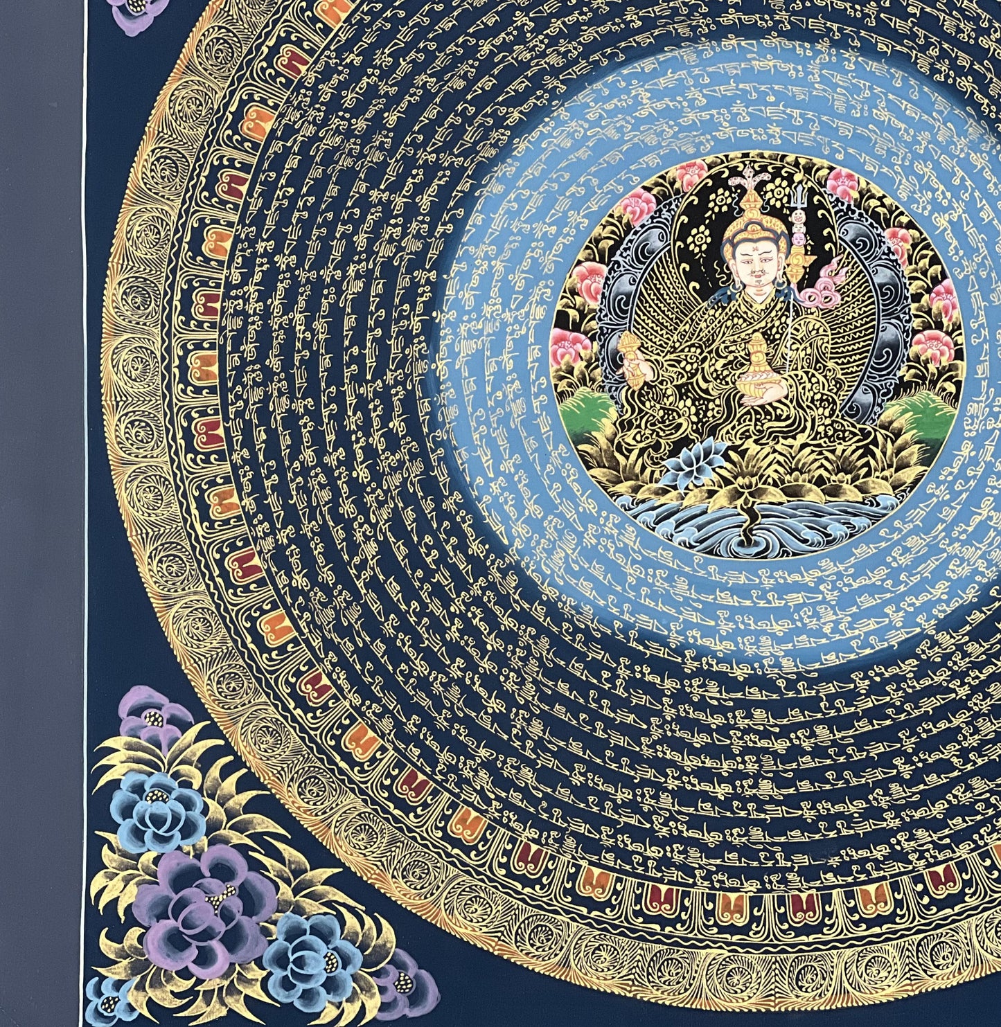 Guru Padmasambhava Mantra Mandala with Guru in Center - Black and Gold Tibetan Thangka Painting