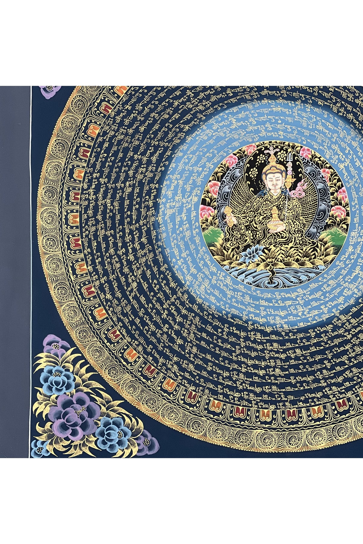 Guru Padmasambhava Mantra Mandala with Guru in Center - Black and Gold Tibetan Thangka Painting