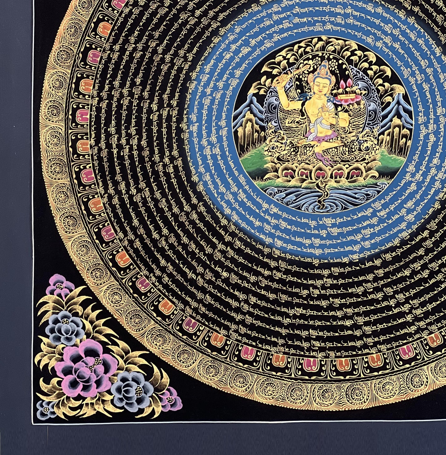 Hand-Painted Manjushri Mandala Thangka – Black and Gold Tibetan Art