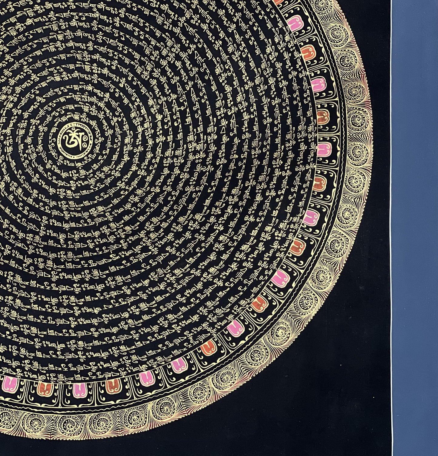 Hand-Painted Guru Padmasambhava Mandala • Black & Gold Tibetan Thangka Art