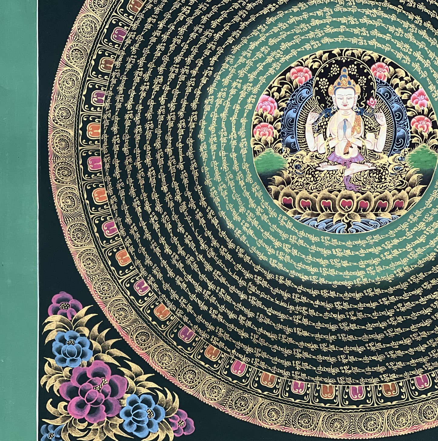 Original Hand-Painted Chenrezig Mantra Mandala with the Diety in Center – Black and Gold Tibetan Thangka