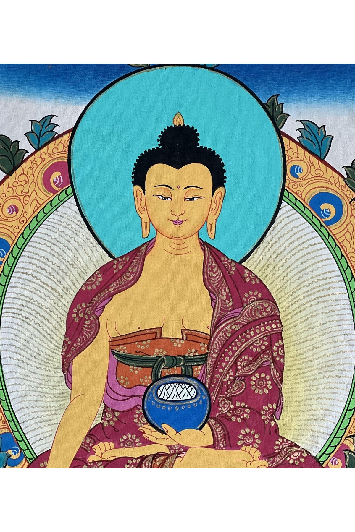 Hand-Painted Shakyamuni Buddha Thangka | Silk Brocade Frame