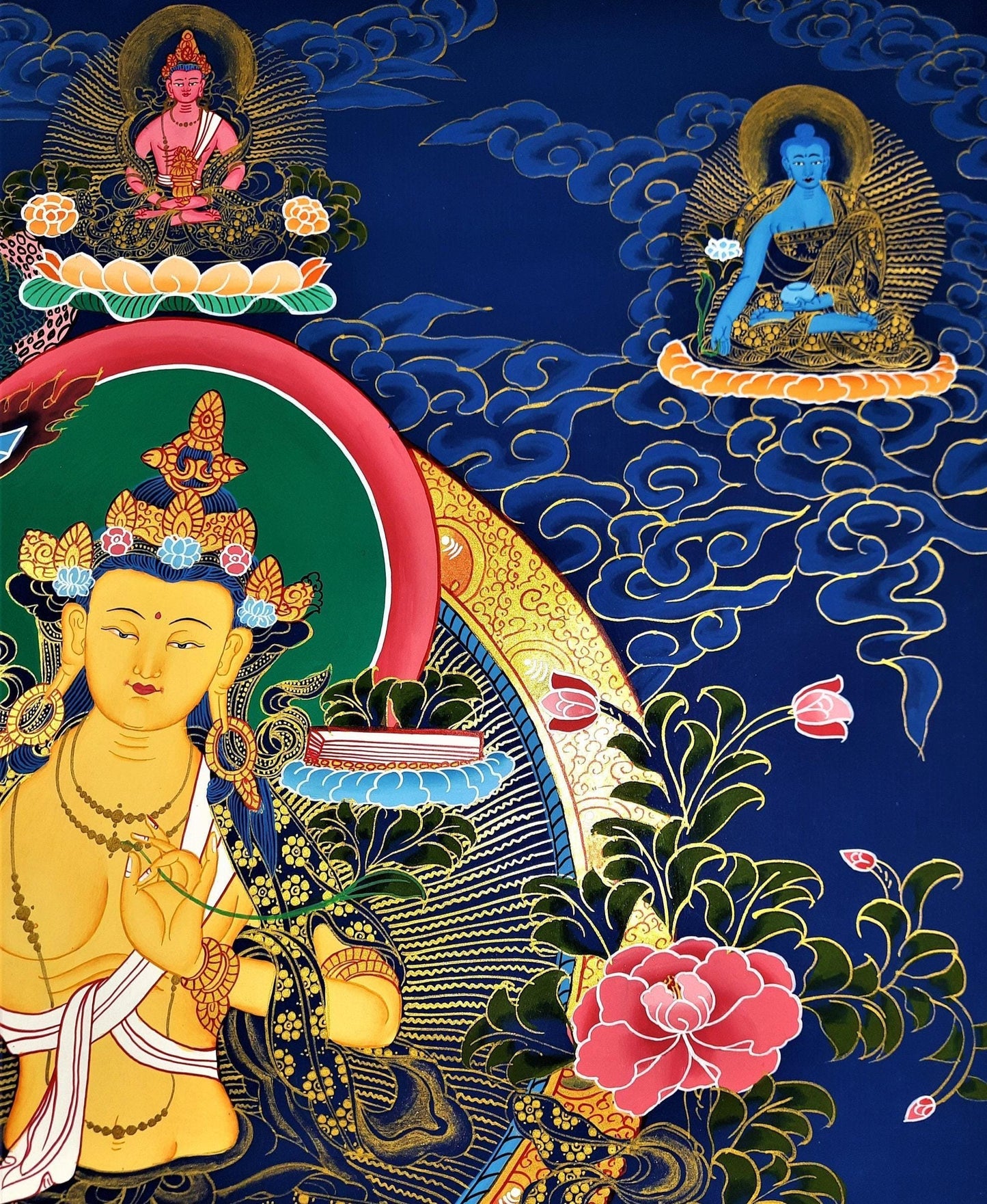 Manjushri Bodhisattva Thangka – Hand-Painted Manjushree Tibetan Buddhist Art with Silk Brocade