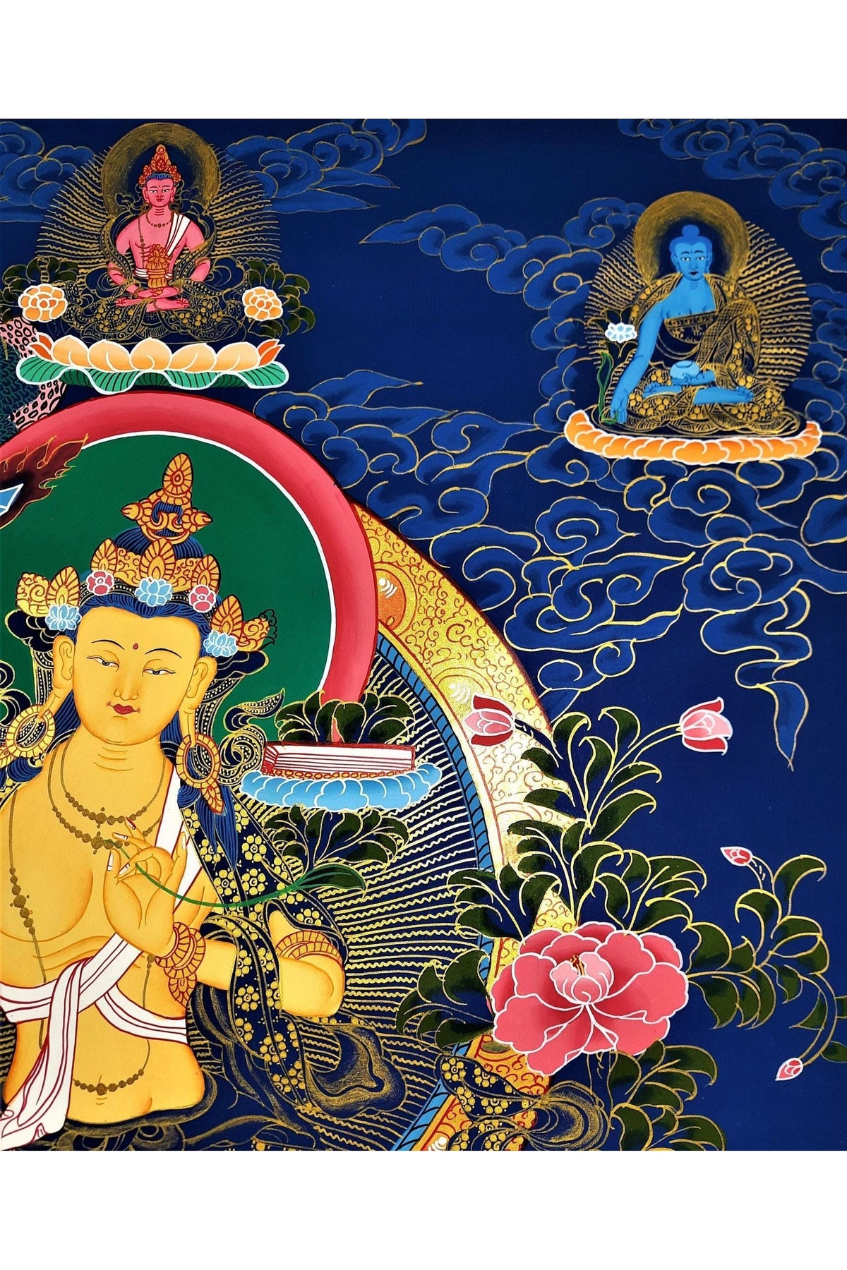 Manjushri Bodhisattva Thangka – Hand-Painted Manjushree Tibetan Buddhist Art with Silk Brocade