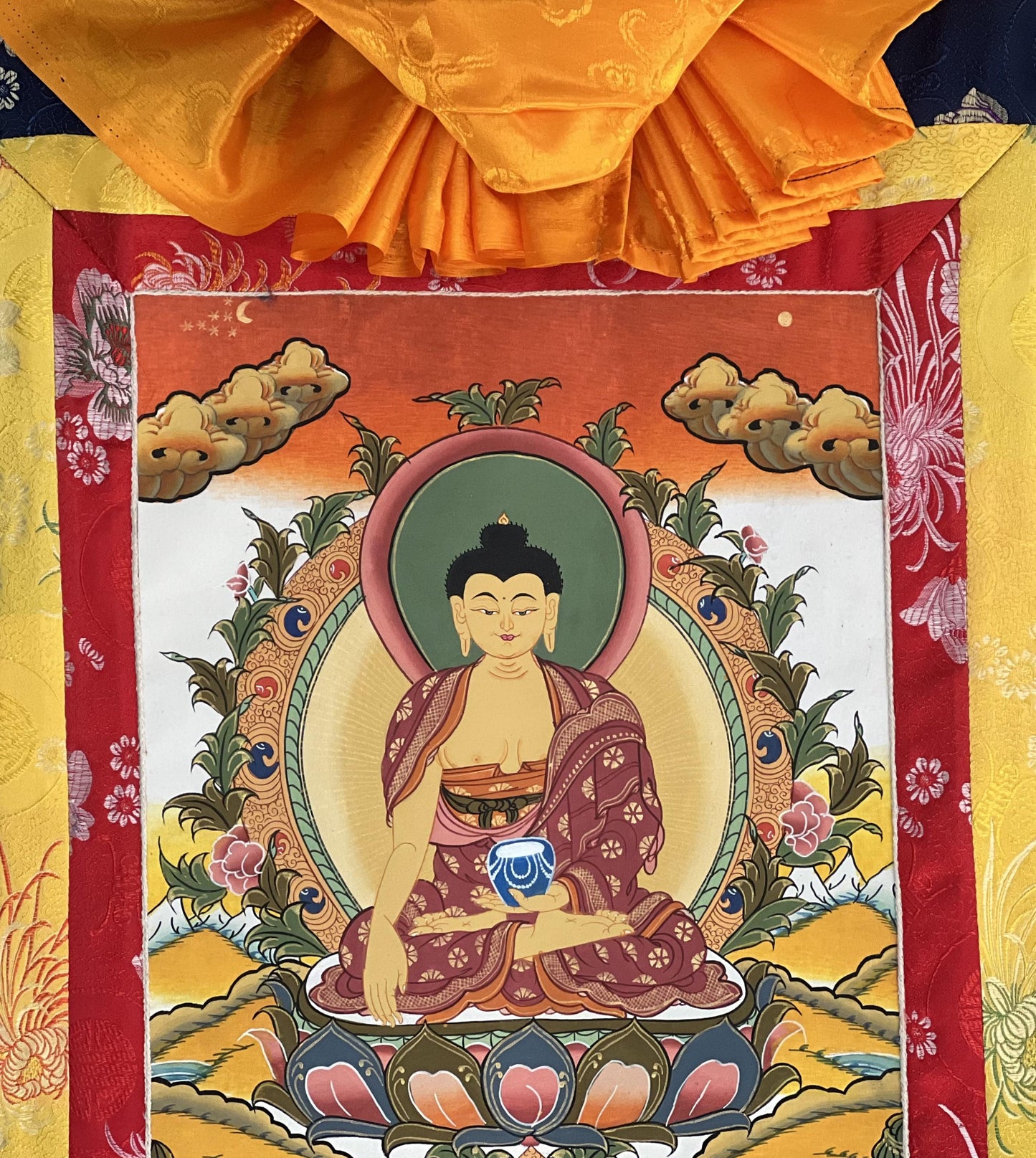 Hand-Painted Shakyamuni Buddha Thangka | Siddhartha Gautama Tibetan Art | Silk Brocade Wall Decor