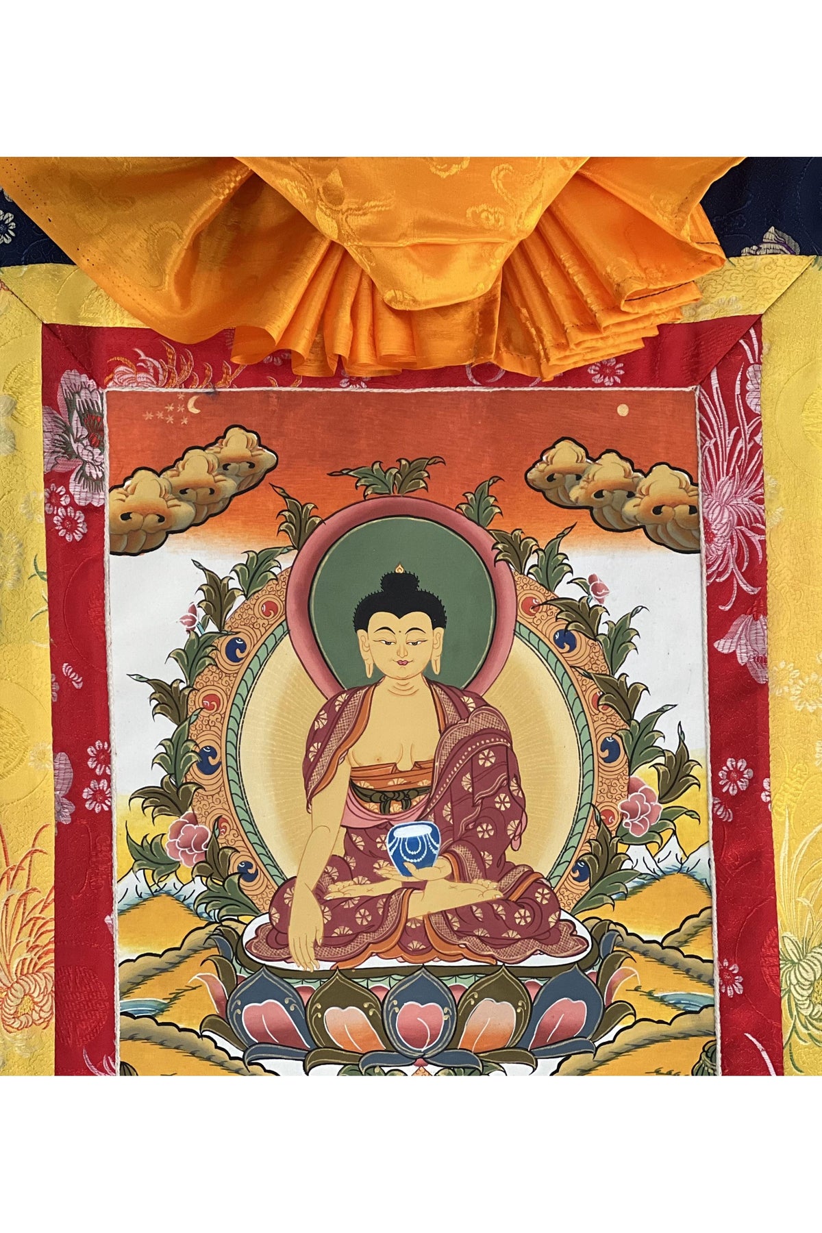 Hand-Painted Shakyamuni Buddha Thangka | Siddhartha Gautama Tibetan Art | Silk Brocade Wall Decor