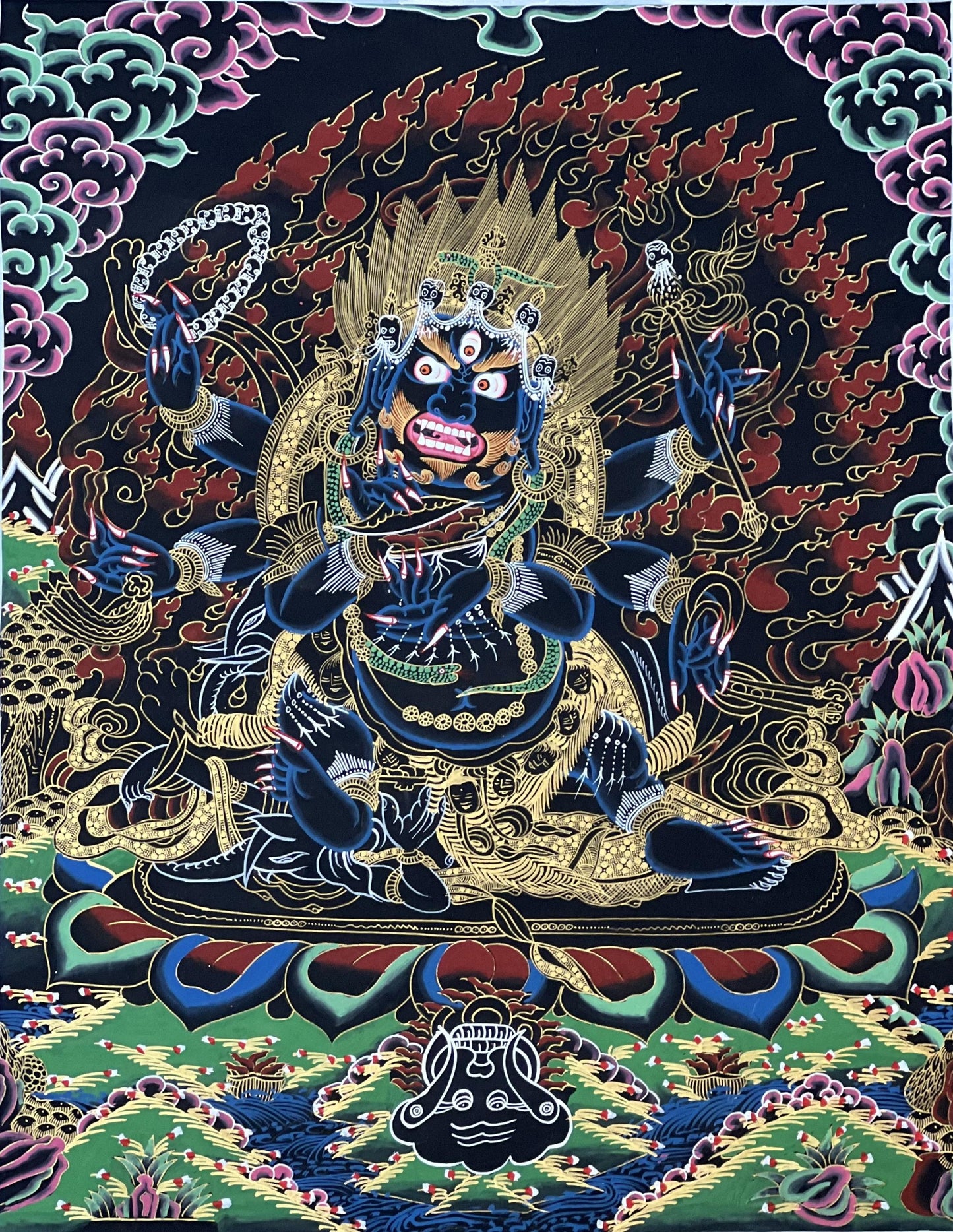 Black Mahakala Thangka • Hand-Painted Tibetan Buddhist Protector Art